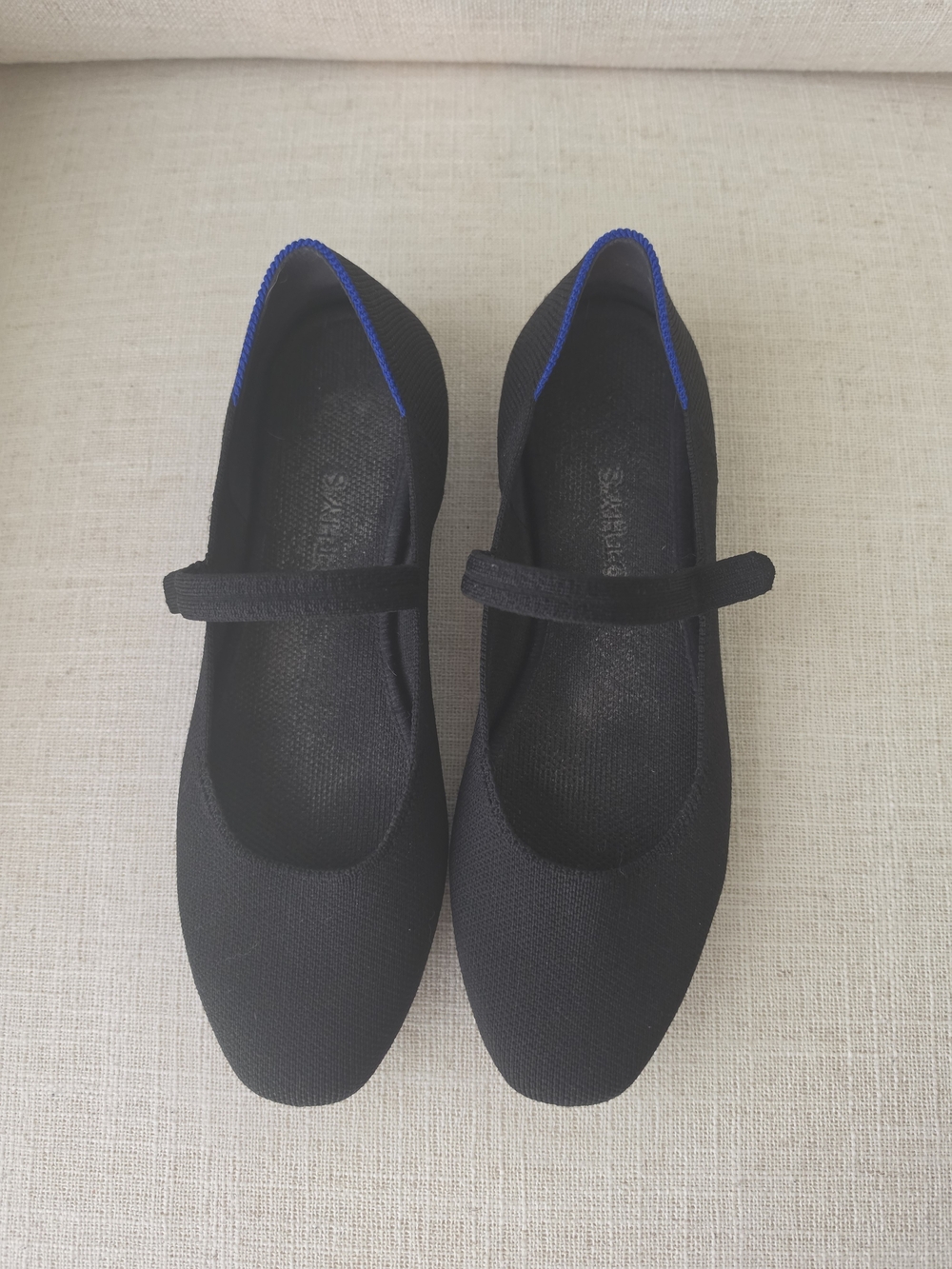 Rothy's Black Flats with Blue Trim Mary Jane Style